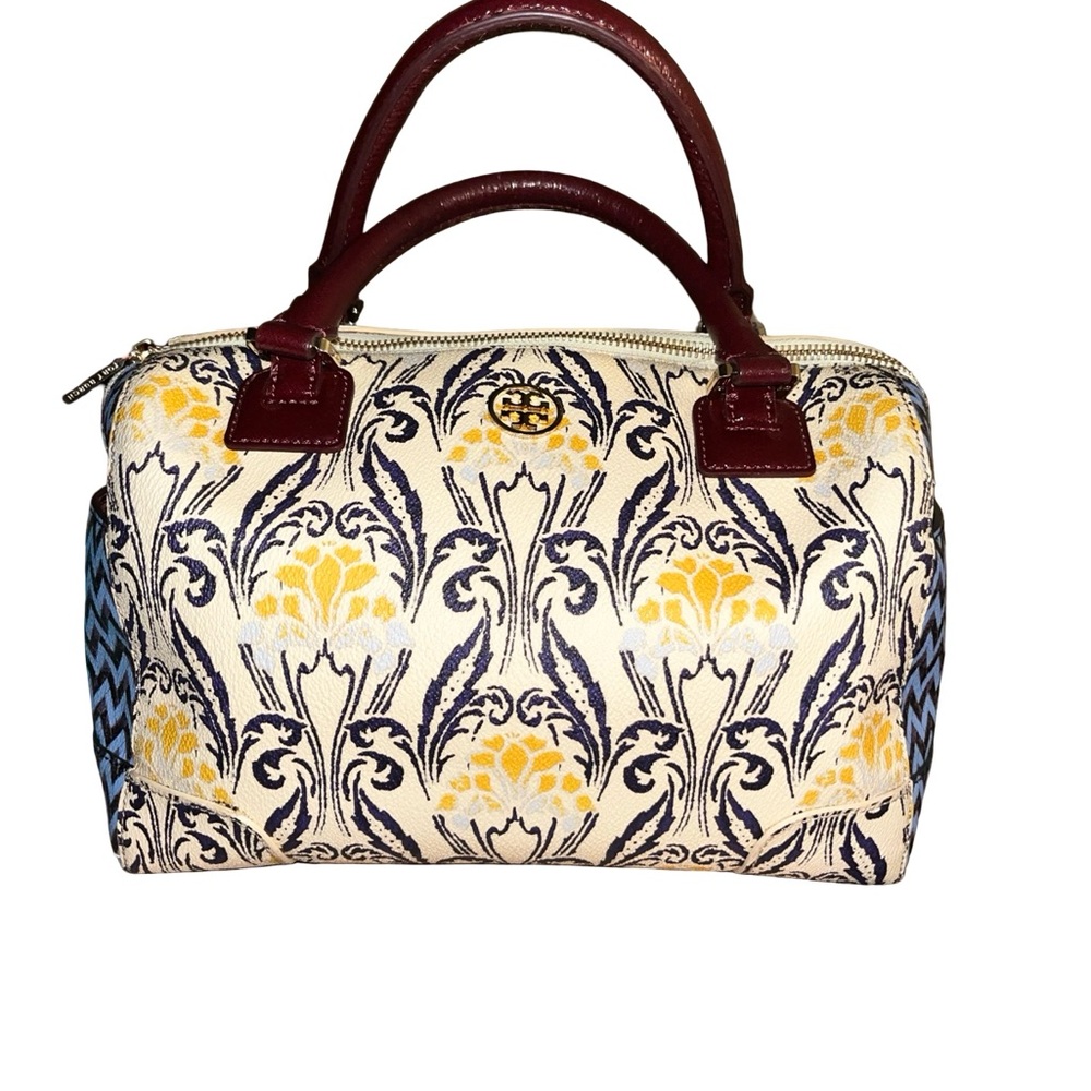 Elegant Cream and Yellow Patterned Tory Burch Handbag w/ Matching Wallet